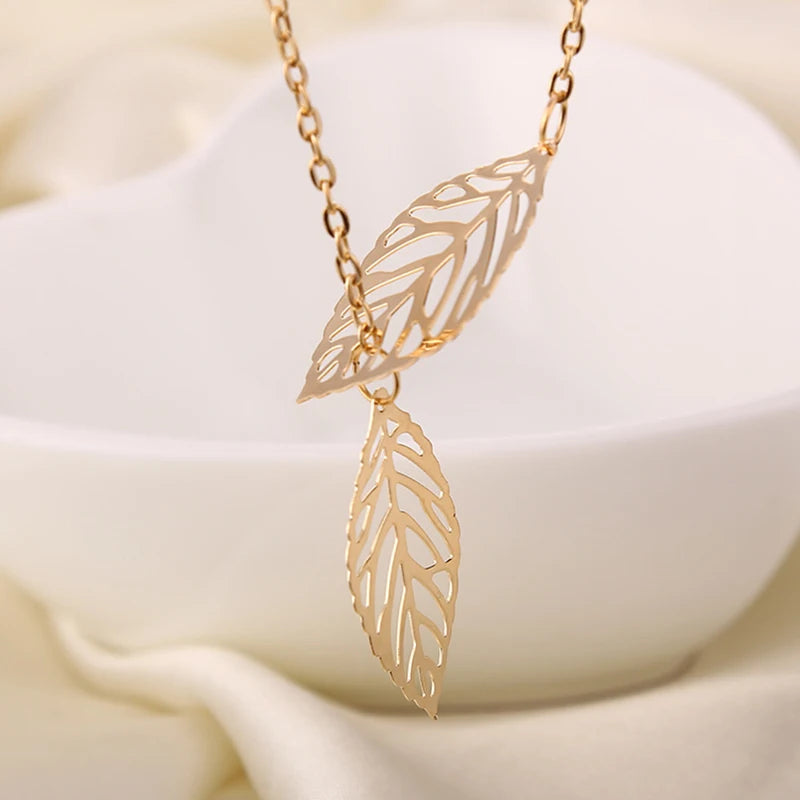 Double Leaves Pendant Necklaces